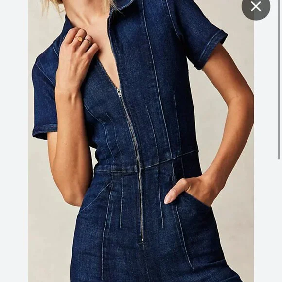 new WE THE FREE JAYDE DENIM JUMPSUIT PLAYSUIT DARK DENIM XL - Picture 2 of 3